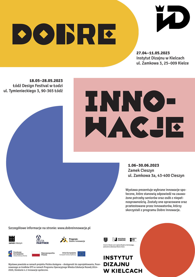 plakat wydarzenia. Napis "Dobre innowacje" między prostymi figurami geometrycznymi.