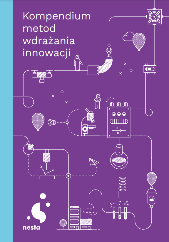 okładka publikacji "Kompendium metod wdrażania innowacji". Na okładce zgeometryzowana kompozycja przedstawiająca długi ciąg połączonych ze sobą urządzeń, (balon, żarówka, probówki), i osób.